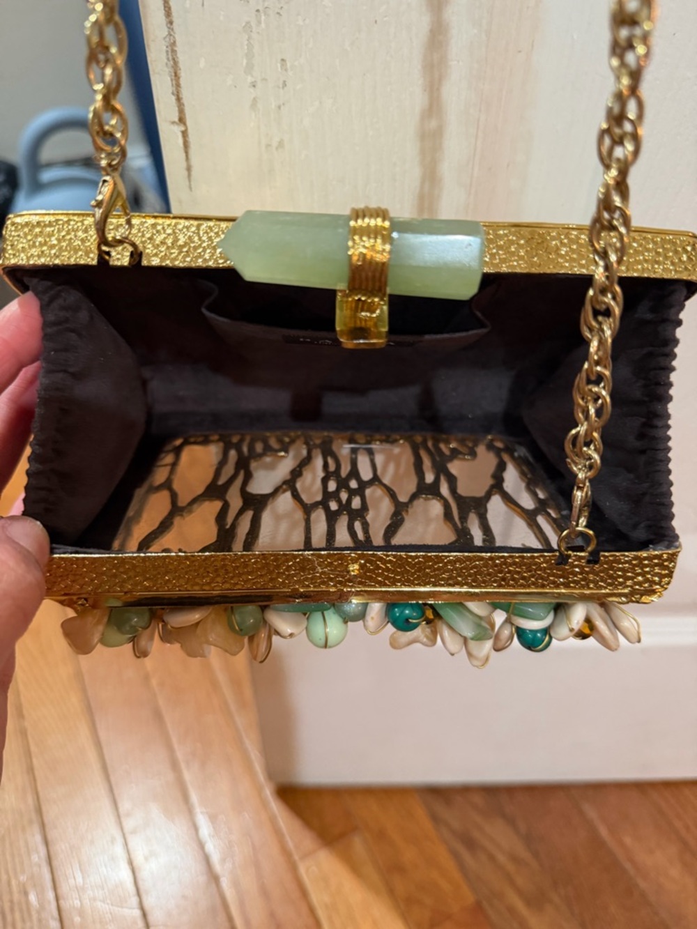 RAMLA(ZEINA)Gold Beaded Floral Accent Evening Bag - Green & Cream Embellishments - Picture 7 of 11